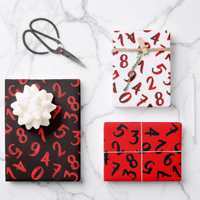 Cute Numbers White Red Black Pattern Mathematics Wrapping Paper Sheets (Front)
