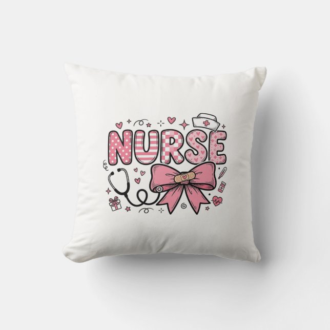 Cute Nurse Bow Heart Vector Shirt Design_1 Throw Pillow (Front)