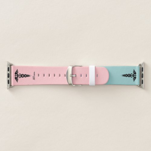 Cute Nurse Caduceus Teal Blush Pink Personalized Apple Watch Band