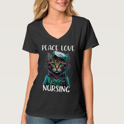 Cute Nurse Cat Peace Love Nursing RN  LPN Nurse L T_Shirt