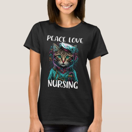 Cute Nurse Cat Peace Love Nursing RN  LPN Nurse L T_Shirt