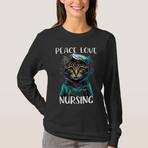 Cute Nurse Cat Peace Love Nursing RN  LPN Nurse L T_Shirt