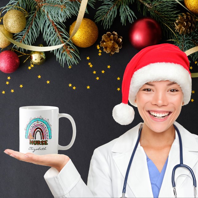Cute Nurse Christmas Vintage Rainbow Gingerbread  Coffee Mug (Personalized Name Nurse Christmas Rainbow Ginger Bread Green and Red Plaid Nurse Typography Mug)