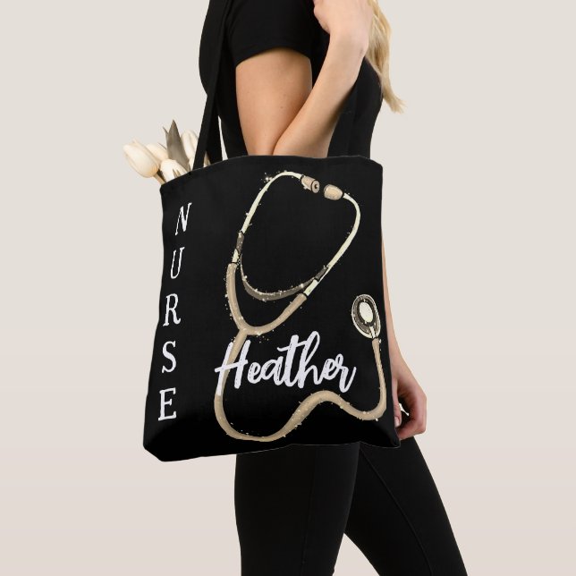 Cute Nurse Gold Stethoscope Black Minimalist  Tote Bag (Close Up)