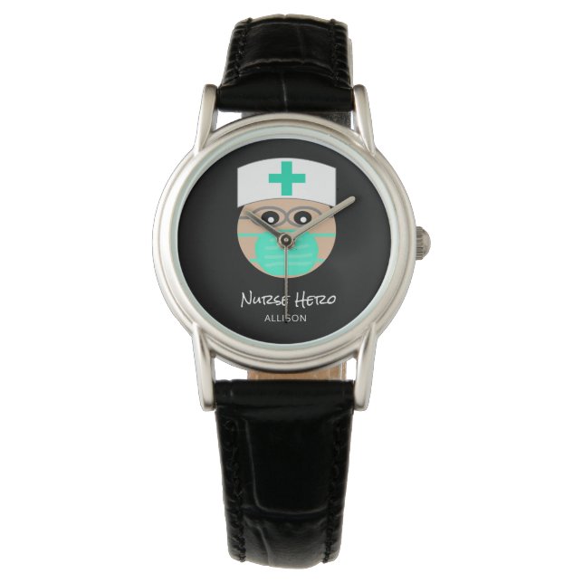  Cute Nurse Hero Black White Medical Personalized  Watch (Front)