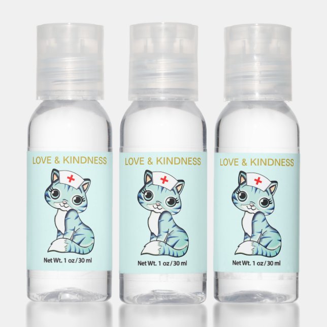 Cute nurse kitty cat love & kindness on light blue hand sanitizer (Set)
