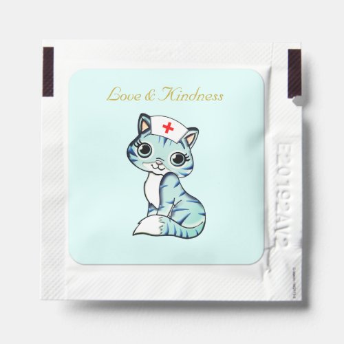 Cute nurse kitty cat love  kindness on light blue hand sanitizer packet