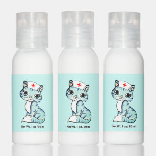 Cute nurse kitty cat on light blue hand lotion
