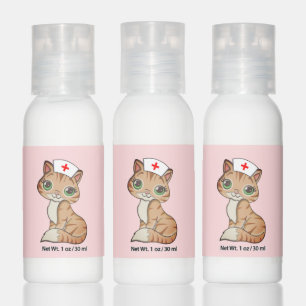 Cute nurse kitty cat on light pink hand lotion