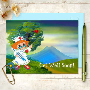 Cute Nurse Landscape Kids Get Well Soon Postcard