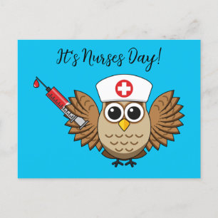 Cute Nurse Owl with Syringe Cartoon Add Text Holiday Postcard