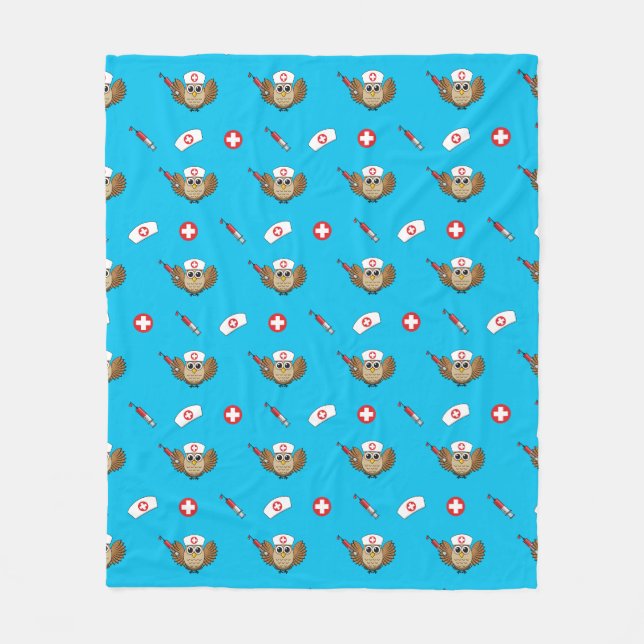 Cute Nurse Owl with Syringe Cartoon Fleece Blanket (Front)
