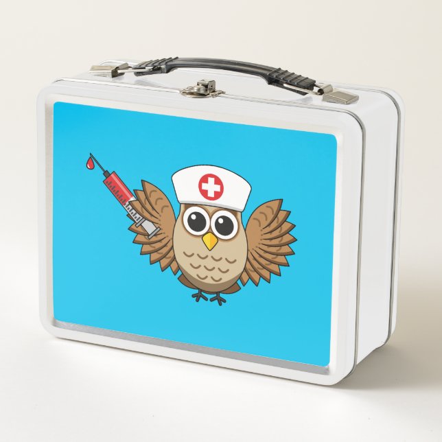 Cute Nurse Owl with Syringe Cartoon Metal Lunch Box (Front)