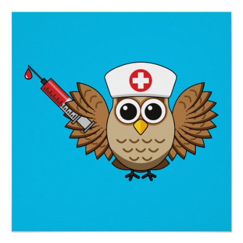 Cute Nurse Owl with Syringe Cartoon Poster