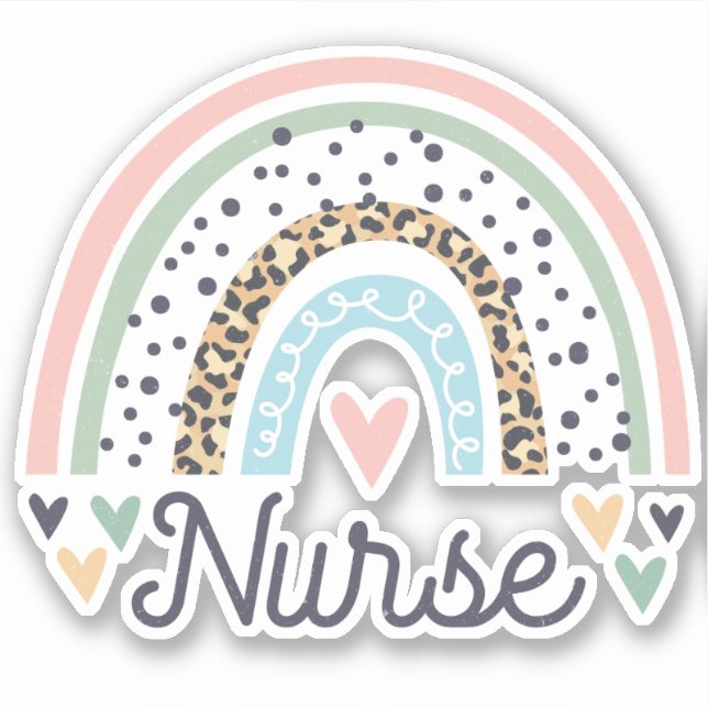 Cute Nurse Pastel Leopard Print Boho Rainbow Heart Sticker (Front)