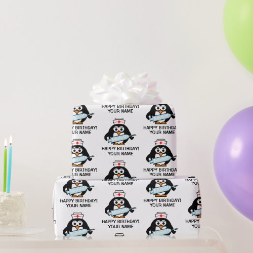 Cute nurse penguin custom Birthday wrapping paper