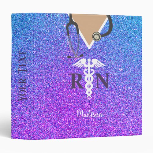 Cute Nurse Scrub Top Purple Blue Glitter Monogram 3 Ring Binder