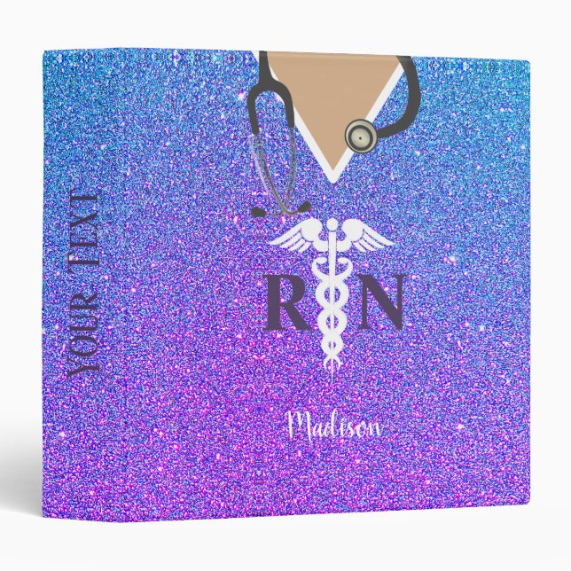 Cute Nurse Scrub Top Purple Blue Glitter Monogram 3 Ring Binder (Front/Spine)