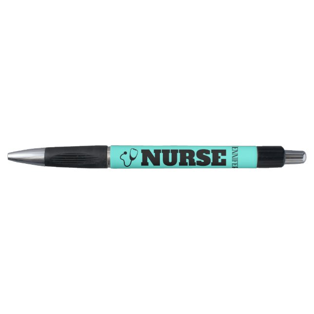 Cute Nurse Stethoscope Bright Turquoise Name Pen (Front)