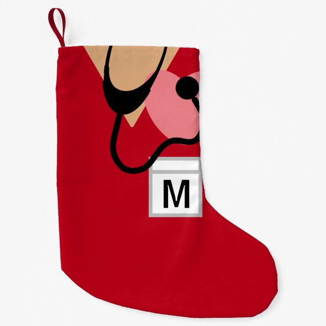 Cute Nurse Stethoscope Red Scrub Top Monogram Small Christmas Stocking (Front)