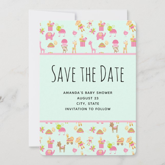 Cute Nursery Animals Pattern Save The Date (Front)