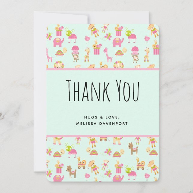 Cute Nursery Animals & Toys Pattern Thank You Card (Front)
