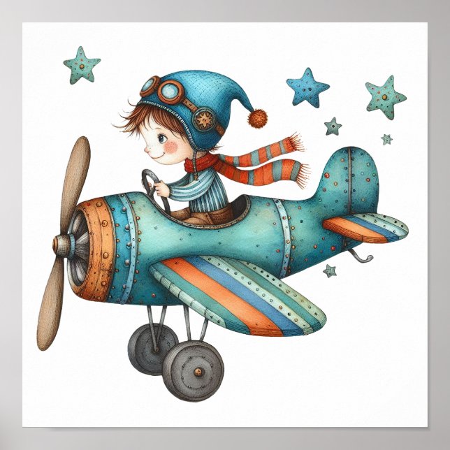 Cute Nursery Art Child Flying Old Airplane Poster (Front)