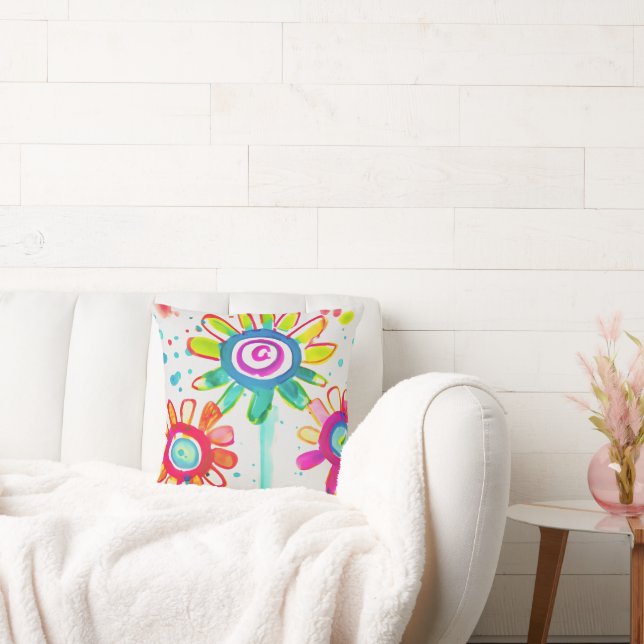 Cute Nursery Art colorful floral illustration Throw Pillow (Couch)