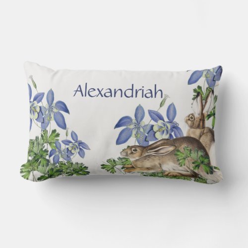 Cute Nursery Blue Floral Rabbit Watercolor Bunny Lumbar Pillow