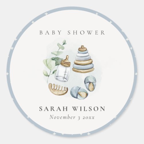Cute Nursery Essential Leafy Blue Boy Baby Shower Classic Round Sticker