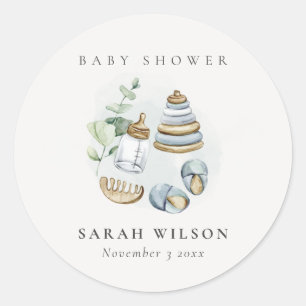 Cute Nursery Essential Leafy Blue Boy Baby Shower Classic Round Sticker