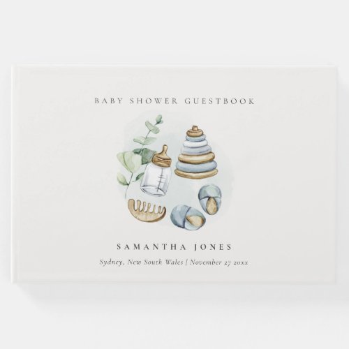 Cute Nursery Essential Leafy Blue Boy Baby Shower Guest Book
