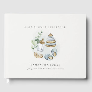 Cute Nursery Essential Leafy Blue Boy Baby Shower Guest Book
