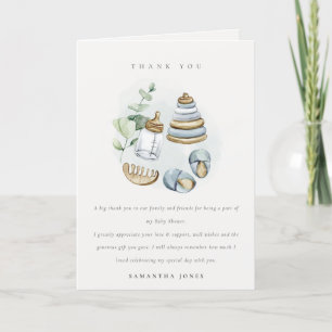 Cute Nursery Essential Leafy Blue Boy Baby Shower Letterpress Thank You Card