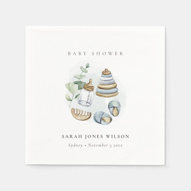 Cute Nursery Essential Leafy Blue Boy Baby Shower Napkins (Front)