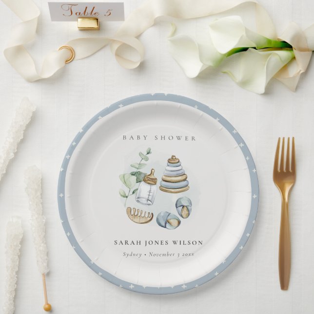 Cute Nursery Essential Leafy Blue Boy Baby Shower Paper Plates (Wedding)