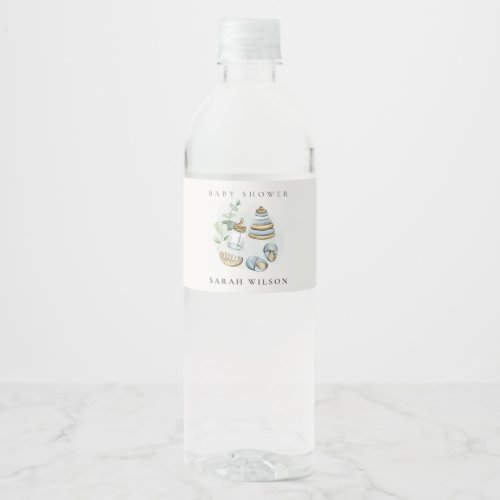 Cute Nursery Essential Leafy Blue Boy Baby Shower Water Bottle Label