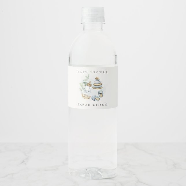 Cute Nursery Essential Leafy Blue Boy Baby Shower Water Bottle Label (Front)