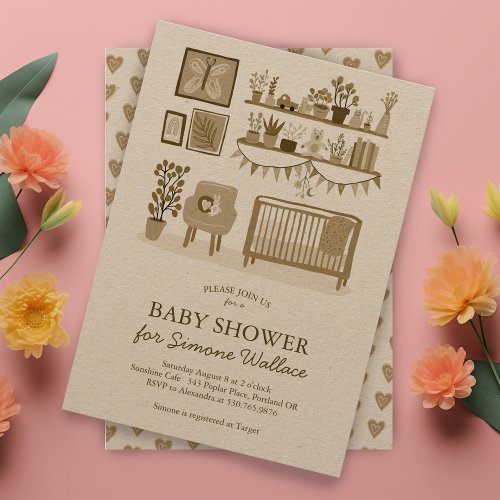 Cute Nursery Illustration CUSTOM BABY SHOWER Kraft Invitation