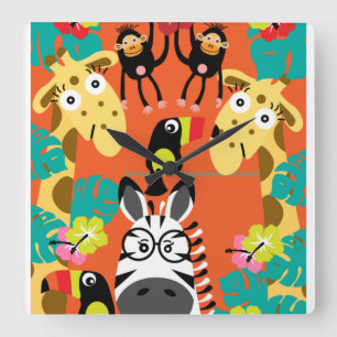Cute nursery jungle animals decor square wall clock