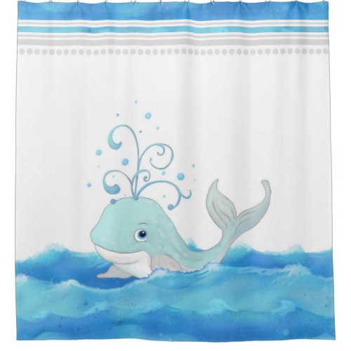 Cute Nursery Little Boy Whale Polka Dot Waves Shower Curtain