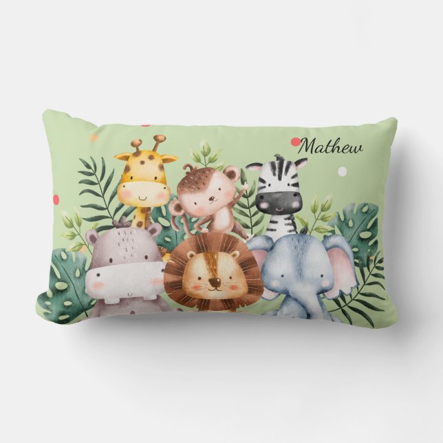 Cute nursery monogram l Safari greenery Lumbar Pillow (Front)