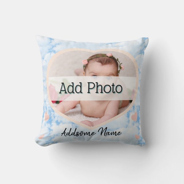 Cute Nursery Pink Heart Baby Photo name blue sky Throw Pillow (Front)