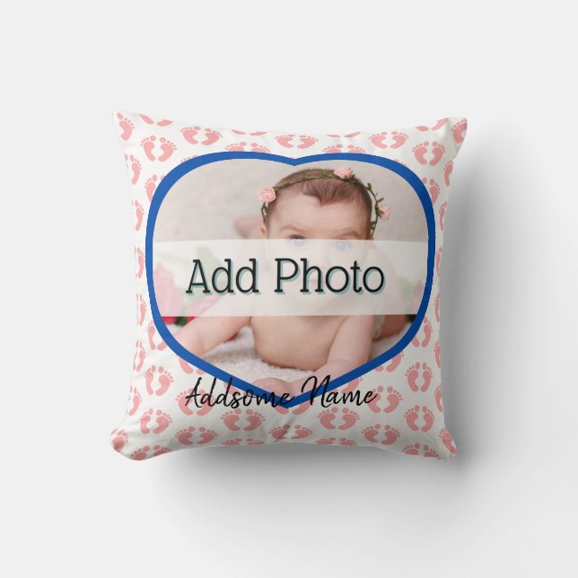 Cute Nursery Pink Heart Baby Photo pink foot print Throw Pillow (Front)