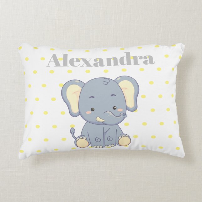 Cute Nursery Yellow Gray elephant polka dots name Accent Pillow (Front)