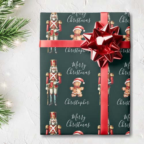 Cute Nutcracker Dark Green Personalized Christmas Wrapping Paper