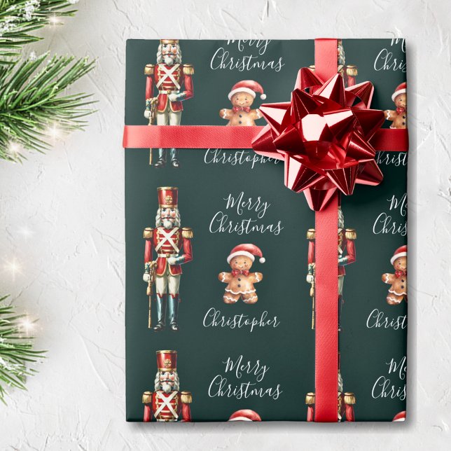Cute Nutcracker Dark Green Personalized Christmas Wrapping Paper (Creator Uploaded)