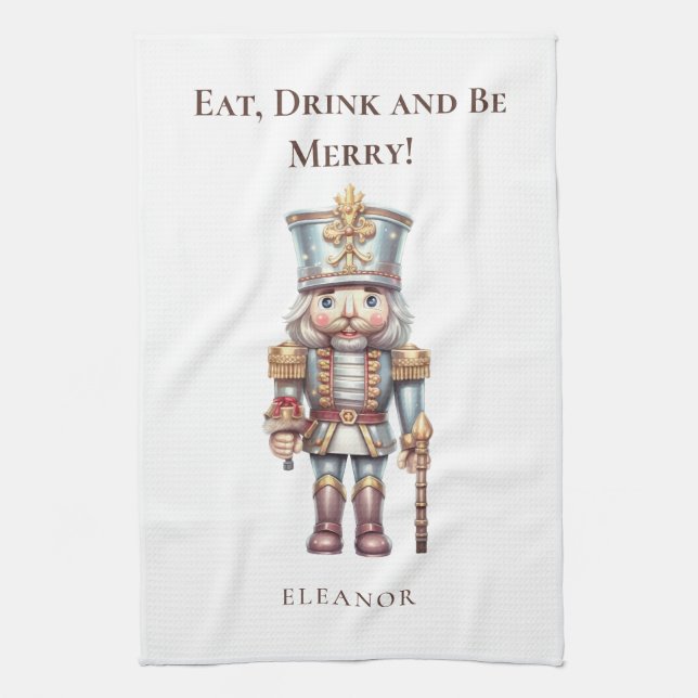 Cute Nutcracker Name Eat Drink Be Merry Holiday Kitchen Towel (Vertical)
