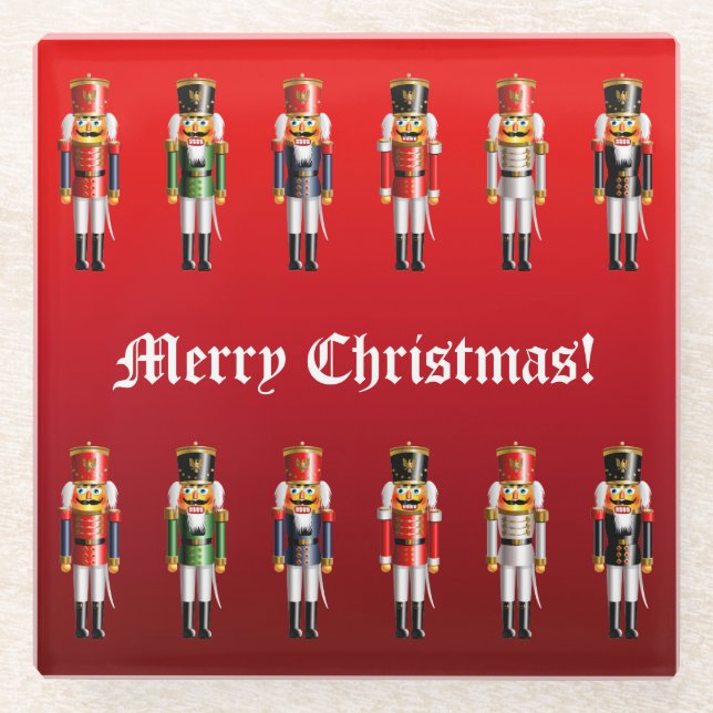 Cute Nutcracker Toy Soldiers Army Glass Coaster (Front)