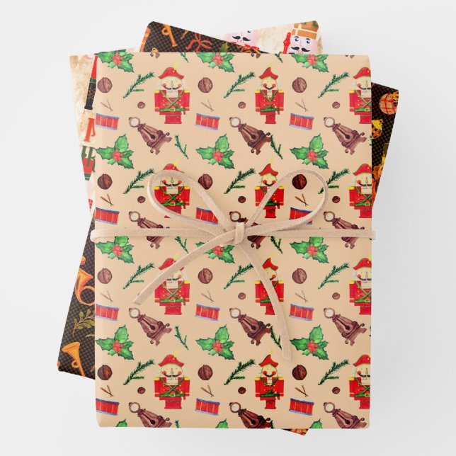 Cute  Nutcracker Trio Peach Orange Wrapping Paper Sheets (In situ)